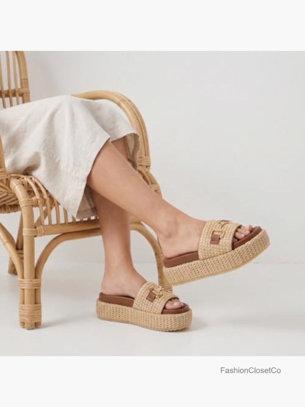 Women's Raffia Platform Sandals Woven Straw Espadrilles Slip On Slides - Picture 4 of 7